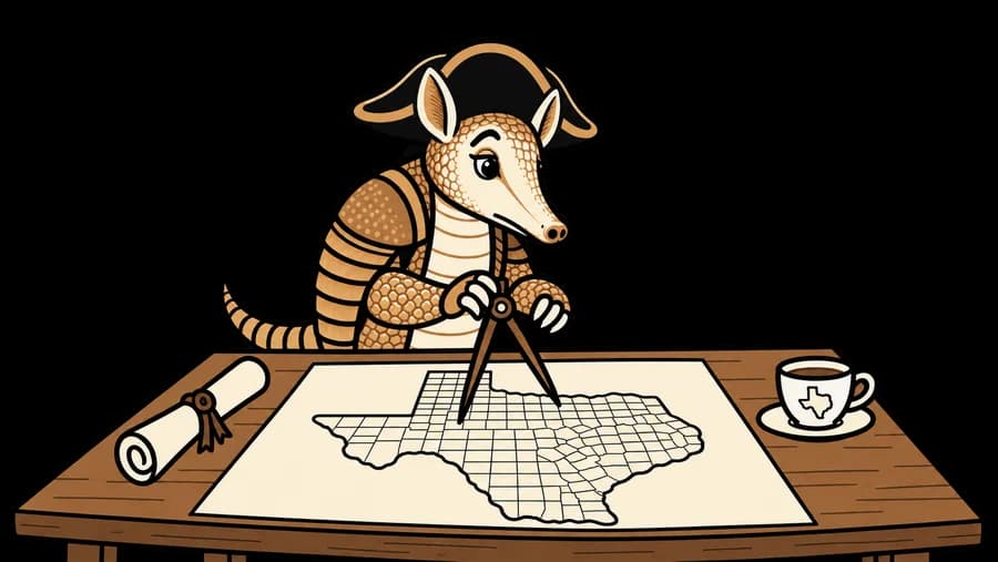 Revere at the drafting table, compasses over a map of Texas counties, the Declaration rolled beside him